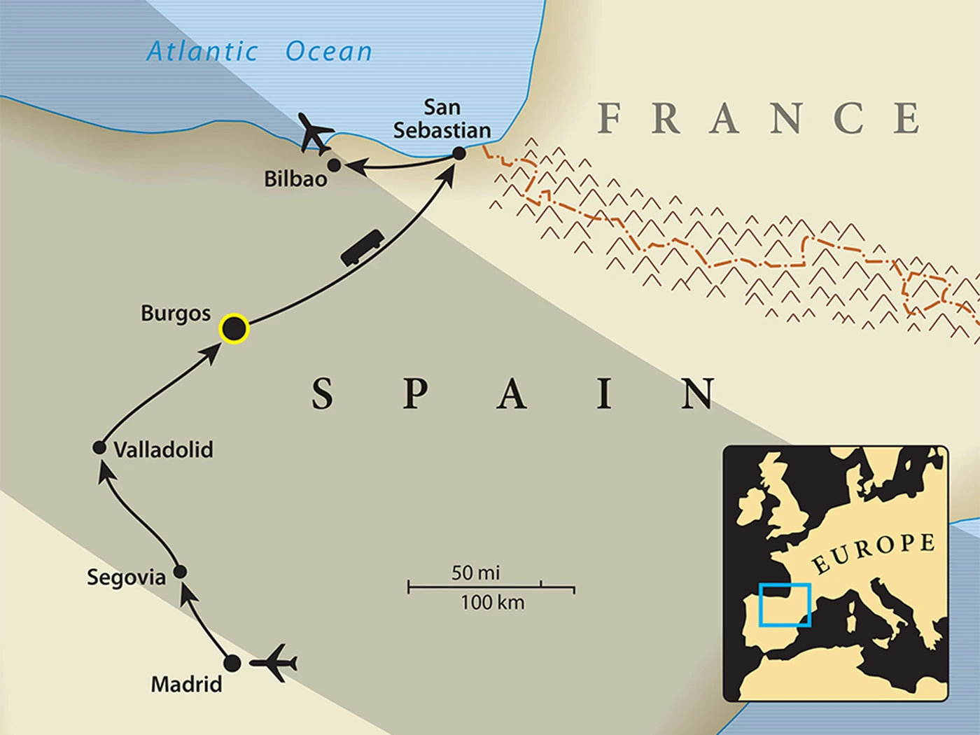 Map Spain 2026 northbound